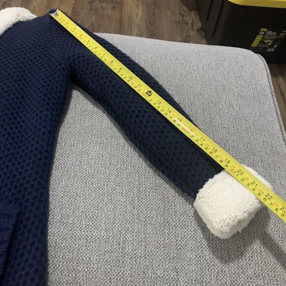 LL Bean Knit Cardigan Shearling Sherpa Lined Navy Blue Hooded Long - Large - Picture 15 of 16